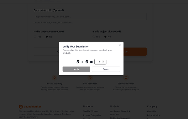 A modal window prompts users to solve a simple math problem as a captcha for submission verification.