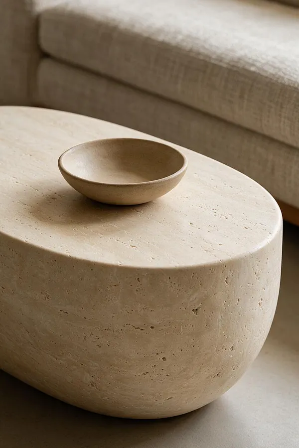 A low, rounded coffee table carved from light beige stone sits in front of a textured sofa. A small shallow ceramic bowl rests on top, and the soft neutral palette creates a calm Organic Modern look.
