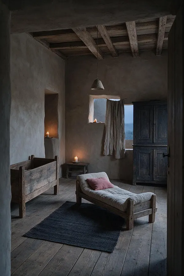 A dim, rustic nursery with plaster walls, exposed ceiling beams, a weathered wooden cradle, a small cushioned daybed, and a dark woven rug. Candles glow in recessed wall niches and on a small table, while a tall distressed cabinet and a draped window soften the space.