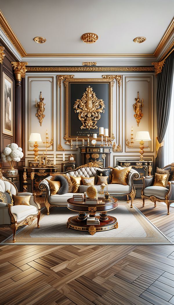 An opulent living room styled in the French Empire design, featuring mahogany furniture with gold accents, luxurious fabrics, and decorative objects that embody imperial grandeur.