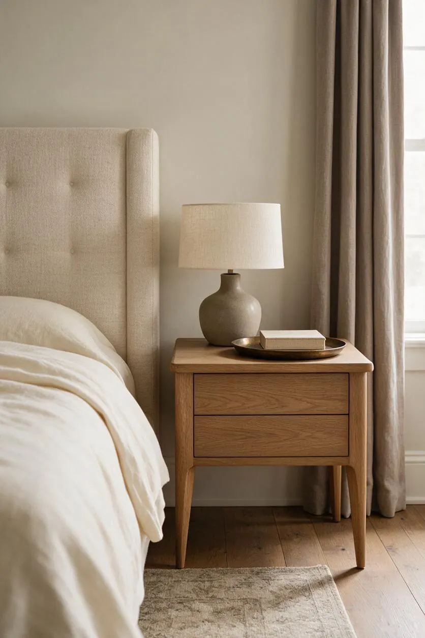 A calm transitional bedroom vignette with a tufted upholstered headboard, cream bedding, and a light oak nightstand beside a window. The nightstand holds a ceramic table lamp with a linen shade and a shallow decorative tray, while taupe curtains and warm wood floors complete the neutral palette.