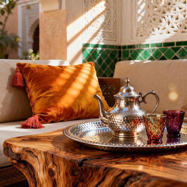 A sunlit Moroccan-style living room vignette shows a low cream sofa with an orange velvet cushion finished with tassels. In front is a live-edge wood coffee table holding a hammered metal tray with a hammered silver teapot and three jewel-toned cut-glass cups. Behind the seating are white carved plaster panels and a strip of emerald green zellige tiles. Dappled light creates patterned shadows across the textiles, wood, and metal.