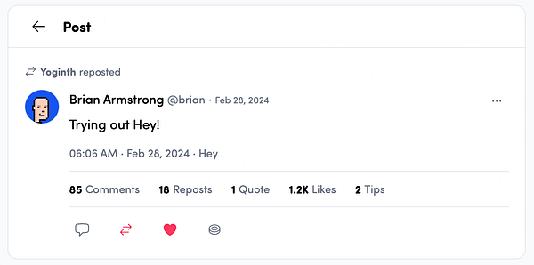 A social media post by Brian Armstrong about trying out Hey.