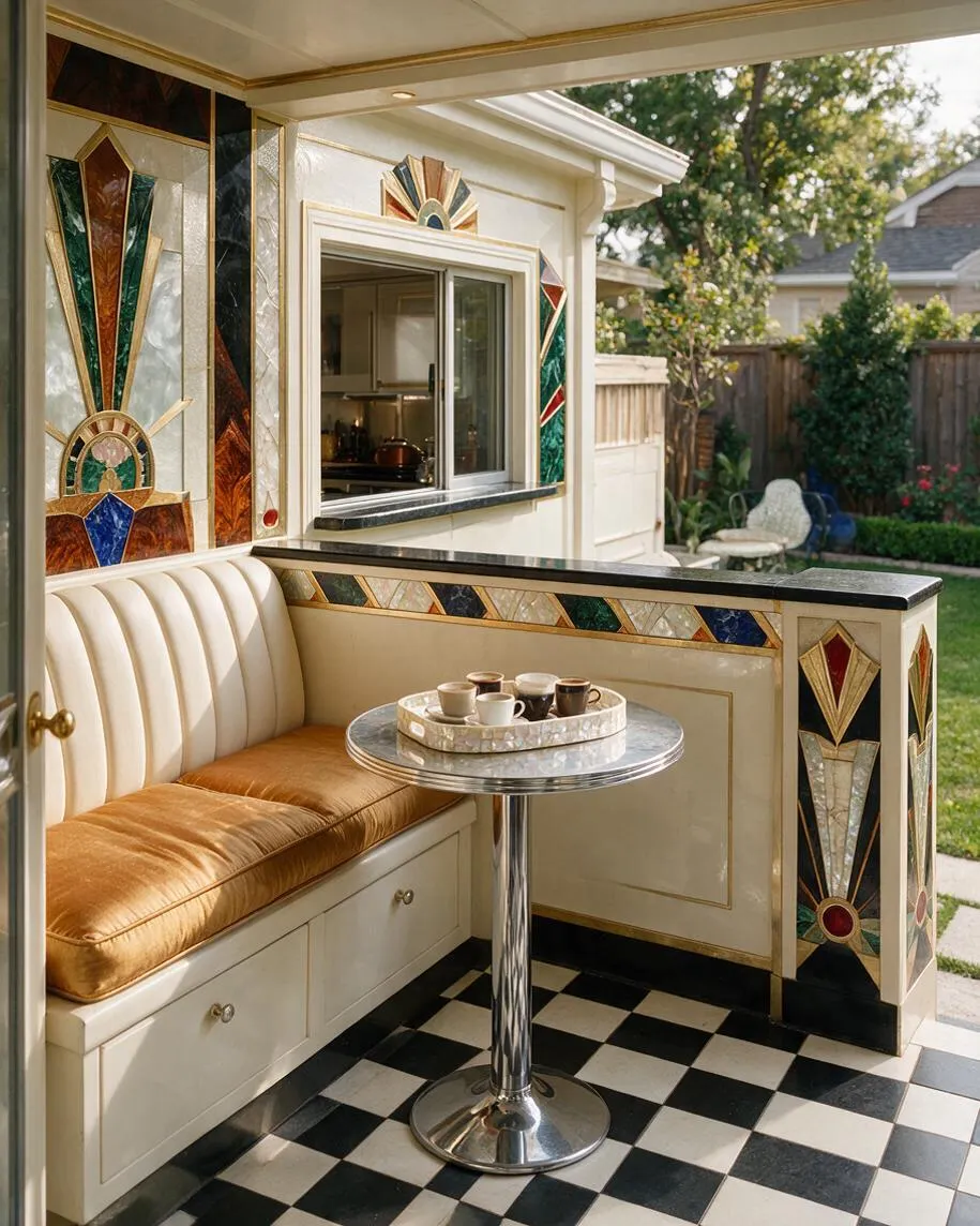 A small backyard seating nook with an Art Deco look features a built-in bench, a chrome pedestal table, and black-and-white checkered flooring. Cream upholstery, gold trim, and colorful geometric mosaic panels frame the space, while an open pass-through window and outdoor greenery sit beyond the patio wall.