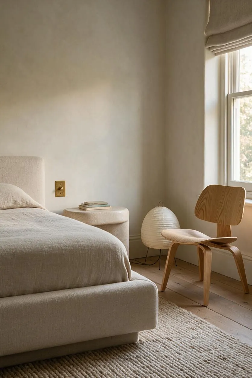 A serene master bedroom with a low upholstered bed in beige linen, a rounded stone side table, a paper lantern lamp, and a sculptural bentwood chair by a sunlit window. The room features warm neutral walls, pale wood flooring, and a textured cream rug.