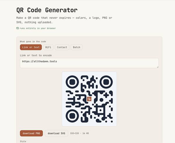 A QR code generator interface displaying a QR code and input fields for customization.