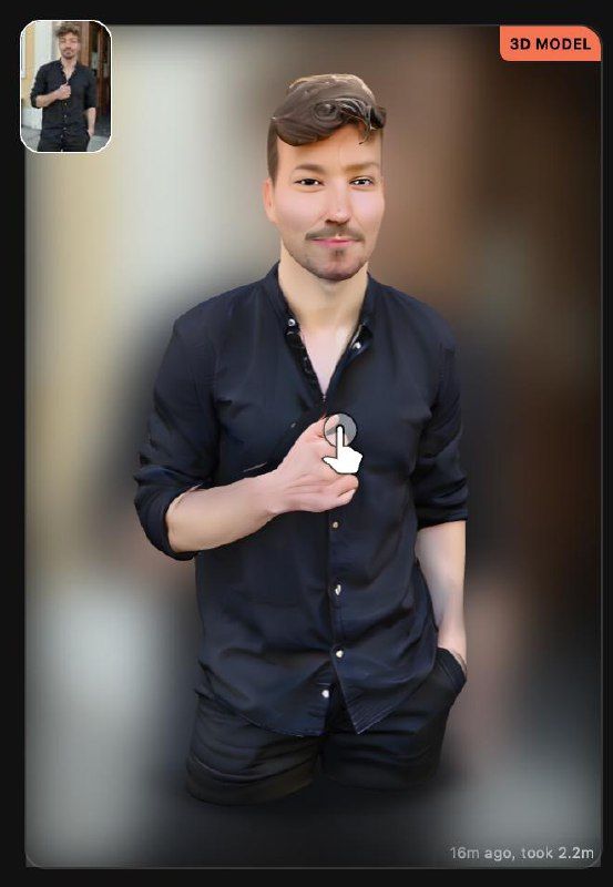 A 3D model viewer displays a stylized figure of a man in a black shirt against a blurred background.
