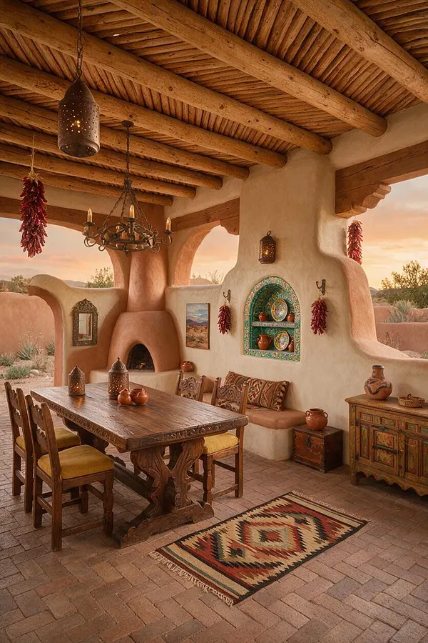 A Southwestern-style backyard patio with thick adobe walls, rounded edges, and exposed log beams overhead. The space includes a carved wooden dining table, rustic chairs with patterned cushions, a hanging iron chandelier, decorative lanterns, colorful textiles, a tiled niche with pottery, and a terracotta brick floor under a warm sunset sky.