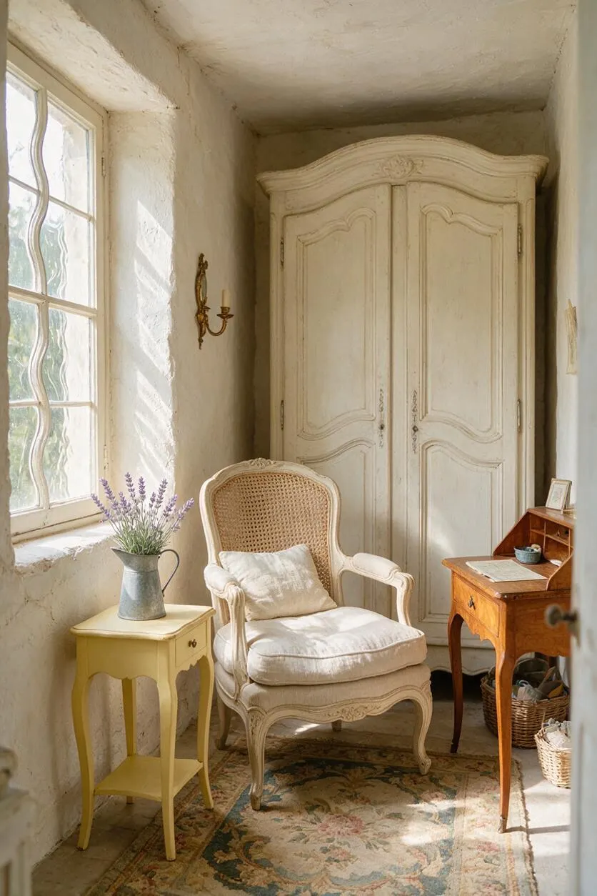 A narrow studio corner in French Country style features a distressed cream wardrobe, a carved white upholstered armchair with a cane back, a small yellow side table with a metal pitcher of lavender, and a warm wood writing desk. Light pours through a wavy-paned window onto textured plaster walls and a faded floral rug.