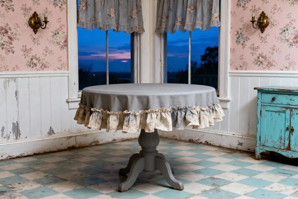 A shabby chic dining room centers on a round gray pedestal table draped in a gray cloth with a ruffled floral edge. The space features pink rose-patterned wallpaper above distressed white wainscoting, aqua-and-cream checkerboard flooring, a turquoise chippy-painted sideboard, antique brass candle sconces, and windows dressed with blue floral valances and lace, framing a deep blue dusk sky.