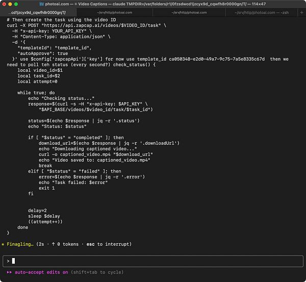 A terminal window displaying a script for managing video tasks using an API.
