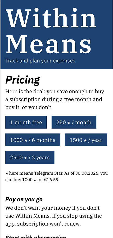 Pricing page of a website showing subscription plans payable with Telegram Stars.