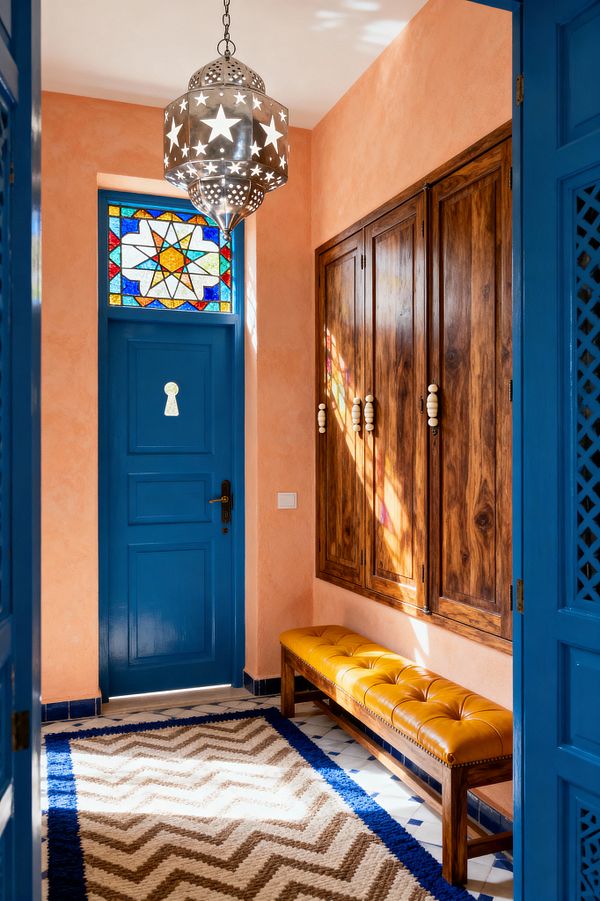 A Moroccan-style mudroom with peach plaster walls centers on a cobalt blue door topped by a multicolor stained-glass star transom. A large silver pendant lantern with star cutouts casts patterned light. On the right, wall-mounted solid-wood cabinets with white beaded pulls hang above a saffron tufted leather bench. The floor features white-and-blue geometric tile layered with a beige chevron rug edged in cobalt, framed by additional blue-painted woodwork.