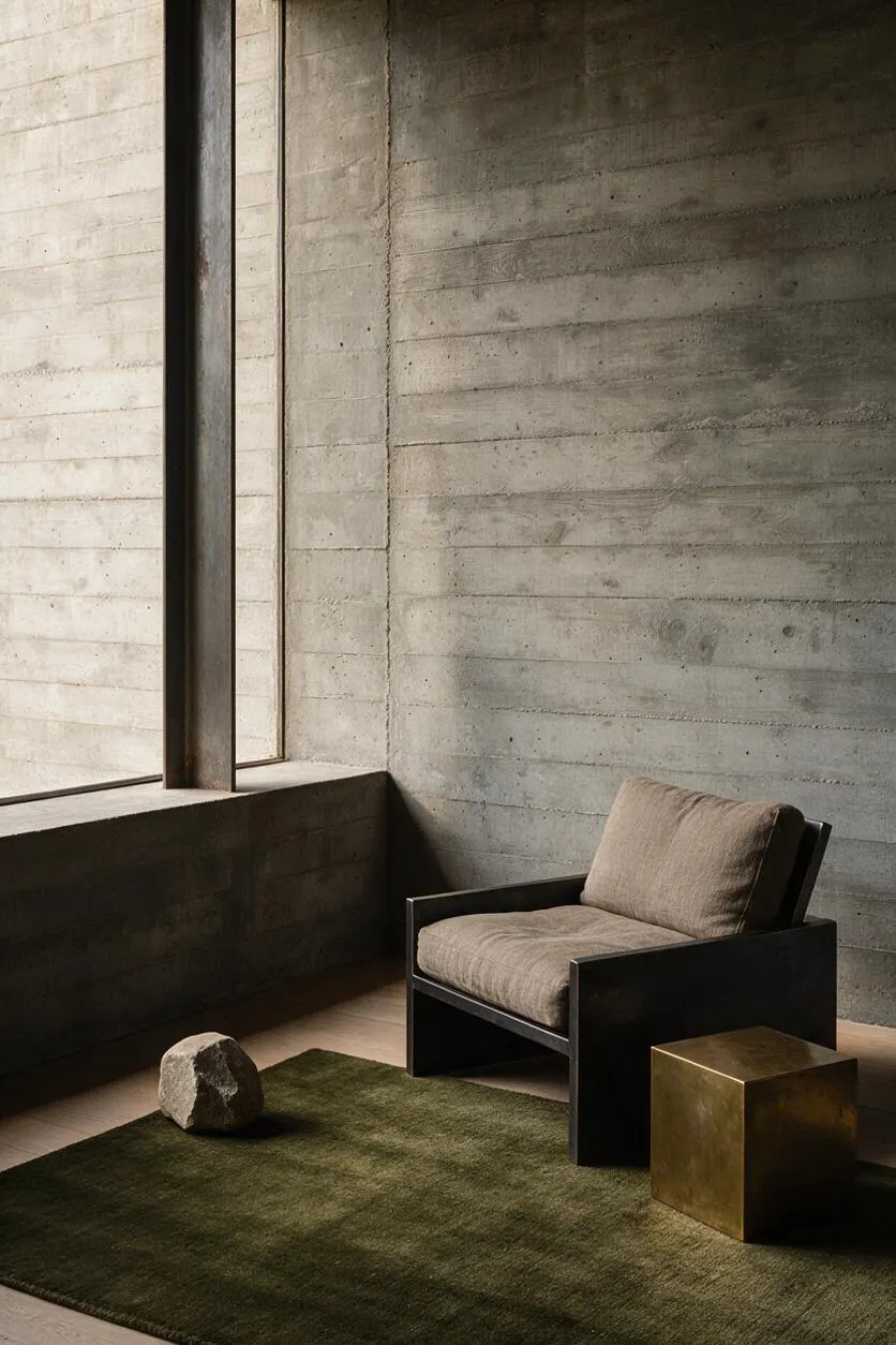 A minimalist sunroom with raw concrete walls, a deep window ledge, and a dark-framed lounge chair upholstered in beige. An olive green rug anchors the room, with a rough stone and a brass cube adding sculptural contrast.