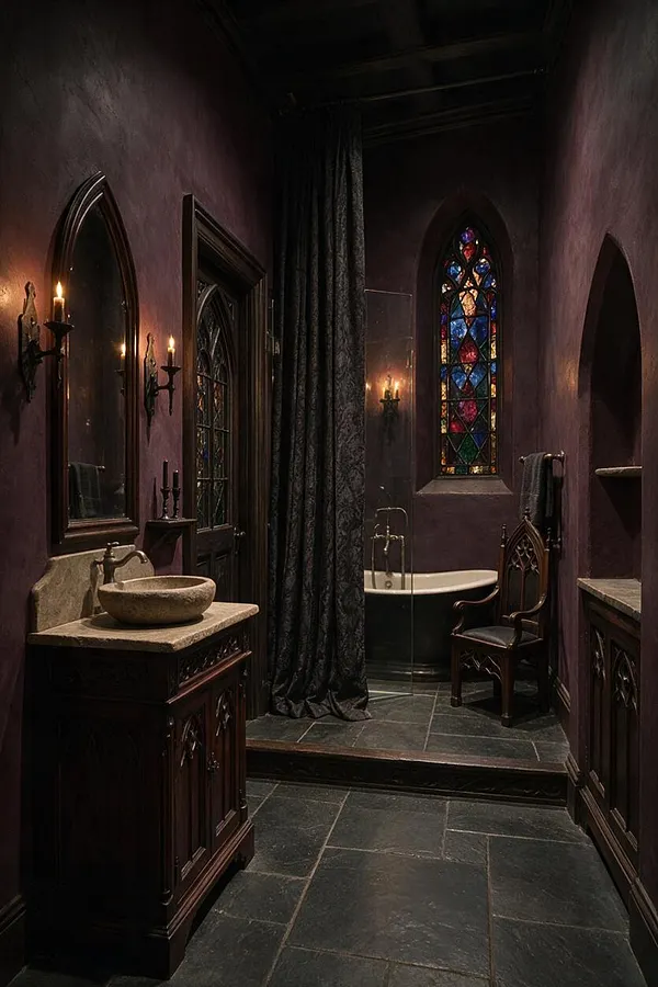 A narrow Gothic-style master bathroom with dark plum walls, black slate flooring, and carved wood cabinetry. Arched mirrors, wall sconces with candle-style light, a stained-glass window, a freestanding tub behind a dark curtain, and a carved chair create a dramatic, cathedral-like atmosphere.