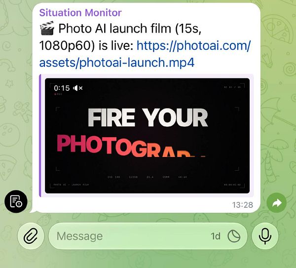 Screenshot of a Telegram message sharing a link to a Photo AI launch film video with the text 'FIRE YOUR PHOTOGRAPHER'.