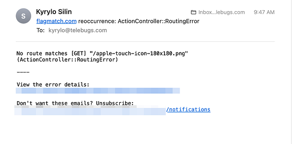 An email notification detailing a routing error encountered in a web application.