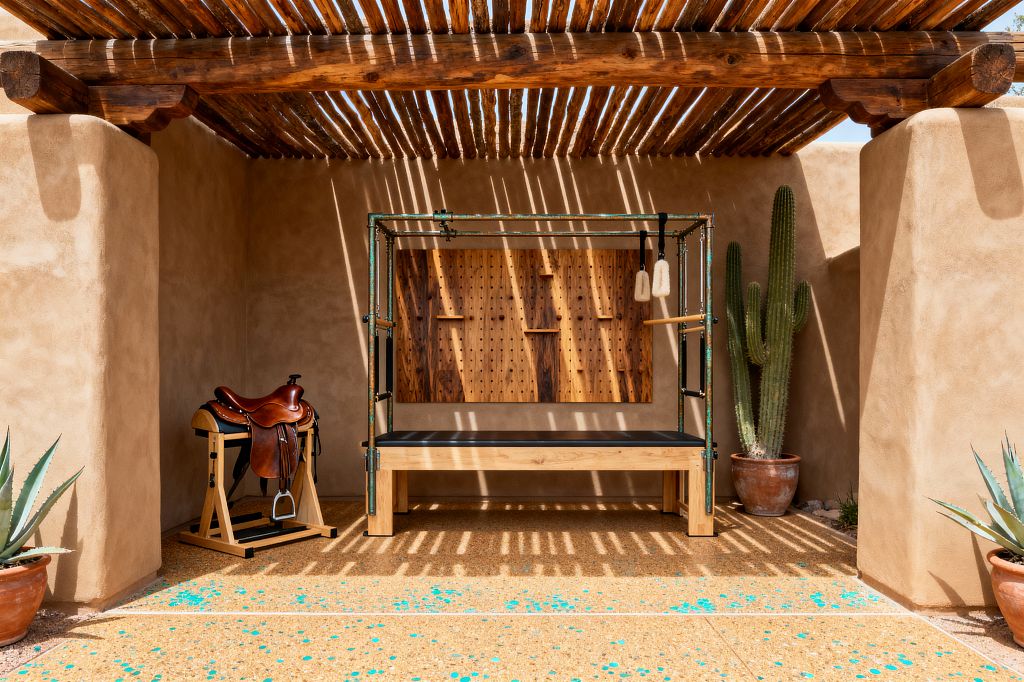 An outdoor home gym set in a stuccoed adobe alcove features a Pilates Cadillac with a patinaed metal frame and light wood base, positioned before a knotty wood pegboard wall. A Western saddle rests on a wooden stand to the left, while a tall cactus and agaves in clay pots frame the scene. Overhead vigas and latilla rafters cast striped shadows across the sand-colored walls and a concrete floor flecked with turquoise chips.