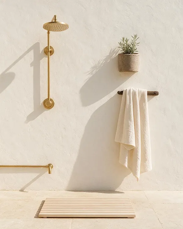 A minimalist outdoor shower area with a brass rain showerhead, matching brass plumbing, a textured white stucco wall, a small wall-mounted planter, and a hanging white towel on a dark wooden peg. A pale slatted wooden mat sits on the light stone floor, creating a calm coastal spa feel.
