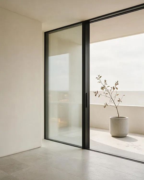 A minimalist interior opens to a bright exterior patio through large black-framed sliding glass doors. The space features smooth off-white walls, pale stone flooring, and a simple concrete planter holding a small branch-like plant.