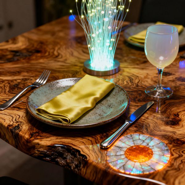 Close-up of a dining table set on a highly figured burl wood slab with a glossy resin finish, featuring a fiber‑optic centerpiece that casts teal and green light across the surface and an embedded sunburst mosaic inlay with an amber center and iridescent pieces. A speckled stoneware plate holds a folded citron satin napkin beside stainless‑steel flatware, while an opalescent glass goblet reflects the colorful illumination.