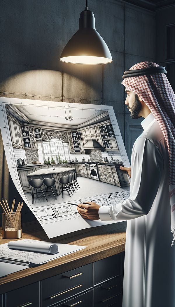 An interior designer studying an elevation drawing of a modern kitchen, with detailed cabinetry and appliances clearly depicted.