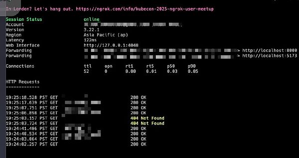 The image displays a terminal window showing ngrok configuration and HTTP request logs.