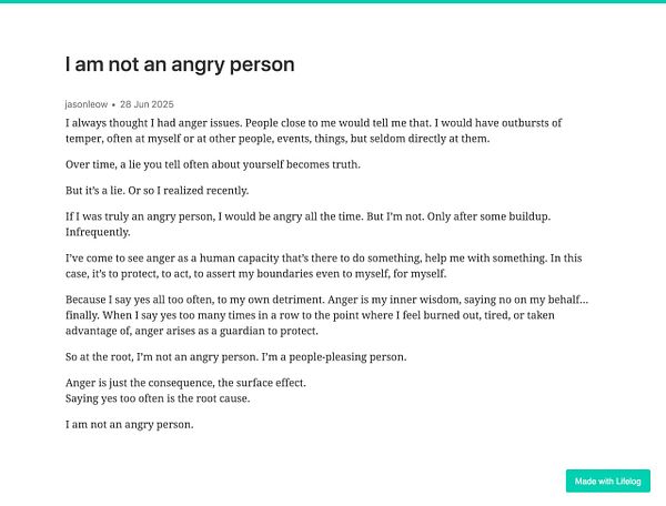 The image features a reflective personal essay discussing the author's relationship with anger.