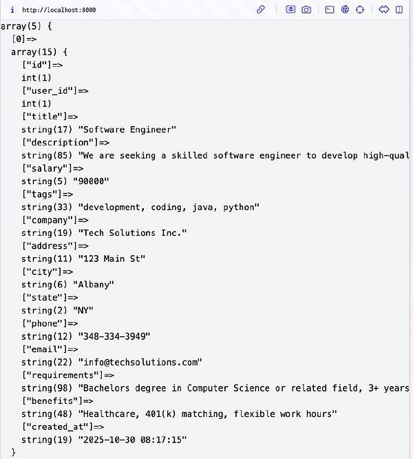 The image displays a JSON-like structure containing job listing data retrieved from a database using PDO.