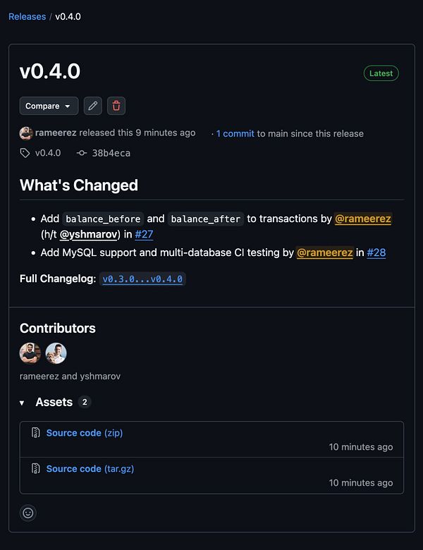 Interface showing detailed statistics and information for the usage_credits v0.4.0 release in OSS with a dark-themed layout.