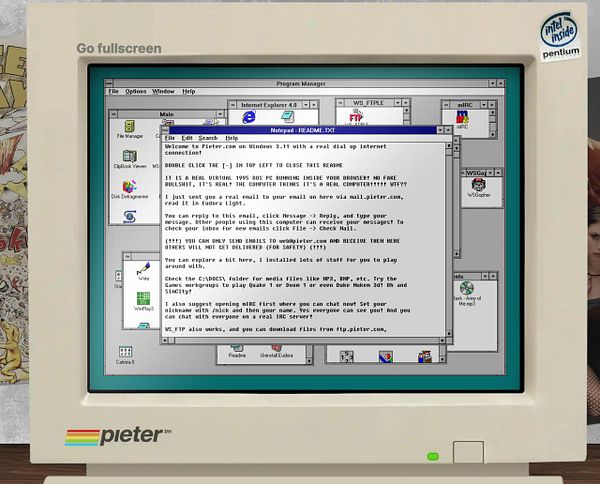 A vintage computer screen displays a Notepad document titled README.TXT with instructions and information about a virtual DOS PC.