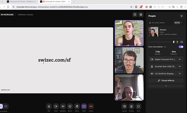 A video conferencing session is in progress with three participants discussing a topic related to a blog.