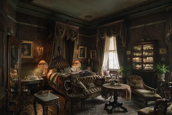 A dimly lit Victorian-style master bedroom with a carved wooden bed, tufted upholstery, heavy drapery, patterned wallpaper, and antique-style furniture. The room includes framed portraits, lace curtains, a glass-front cabinet with folded linens, table lamps, and a richly patterned rug.