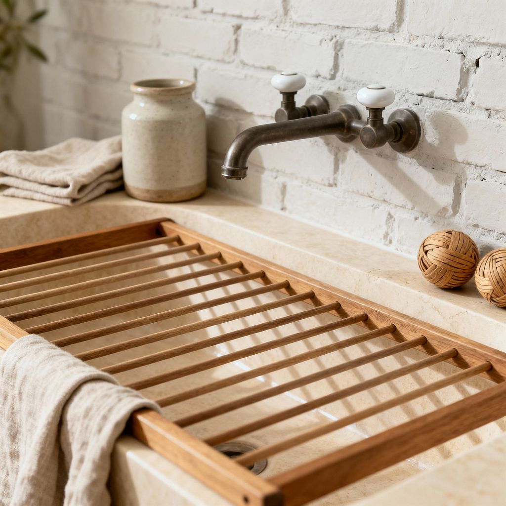 A close-up of a farmhouse laundry sink shows a creamy honed stone basin and counter with a removable oak slatted drying rack, a linen towel draped over the front. A wall-mounted antique brass faucet with white porcelain knobs sits against a whitewashed brick backsplash; nearby are folded beige towels, a speckled stoneware jar, and two small woven rattan balls, all lit by soft natural daylight in a warm neutral palette.
