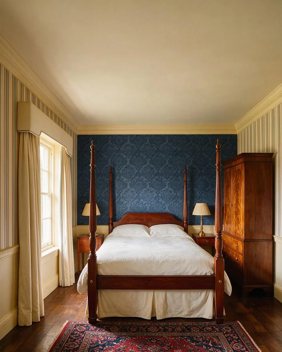 A traditional guest bedroom with a dark wood four-poster bed centered against a blue patterned accent wall. Cream striped wallpaper, white bedding, matching bedside lamps, a tall wood armoire, and a red patterned rug create a warm, classic look.