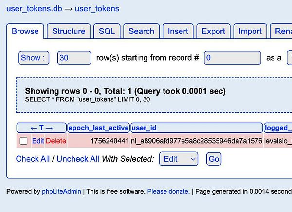 The image displays a database management interface showing user tokens from a database.