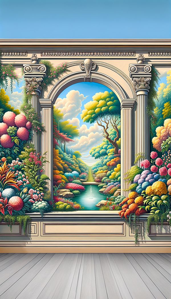 A detailed mural on a flat wall that gives the illusion of an open window looking out onto a vibrant garden, showcasing the trompe l'oeil technique's ability to create a three-dimensional effect.
