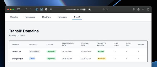 The image displays a web interface for managing domain names through TransIP, showing details for two specific domains.
