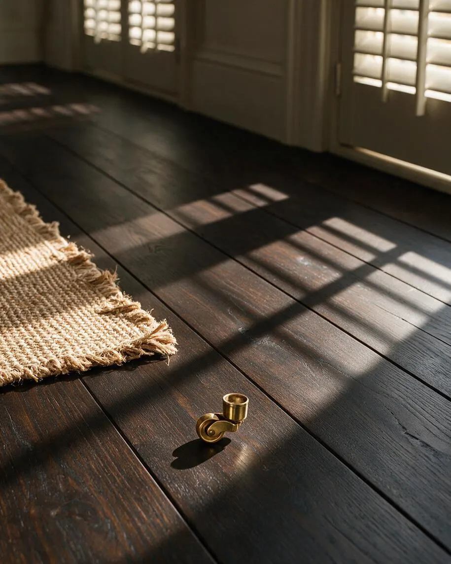A close-up view of a tropical-inspired room showing dark stained wide-plank wood flooring beside a natural woven jute rug. Warm sunlight filters through window shutters, casting striped shadows across the floor, with a small brass caster or hardware detail resting near the center.