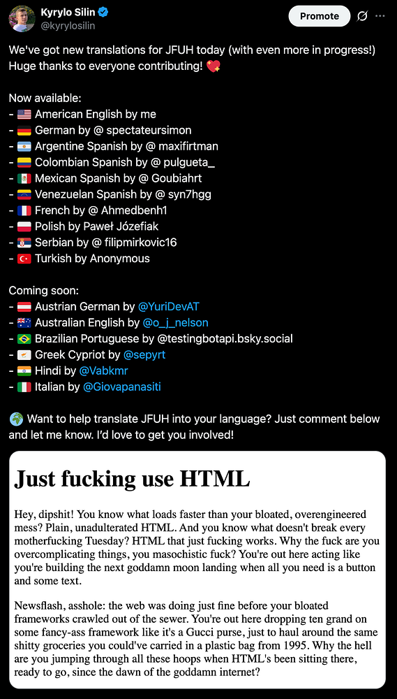 The image features a tweet announcing new translations for JustFuckingUseHTML.com, along with a humorous and direct message about the importance of using HTML.