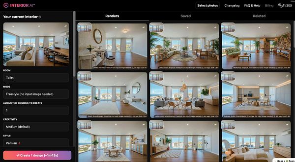 The image displays a user interface for an interior design application showcasing various rendered room designs.