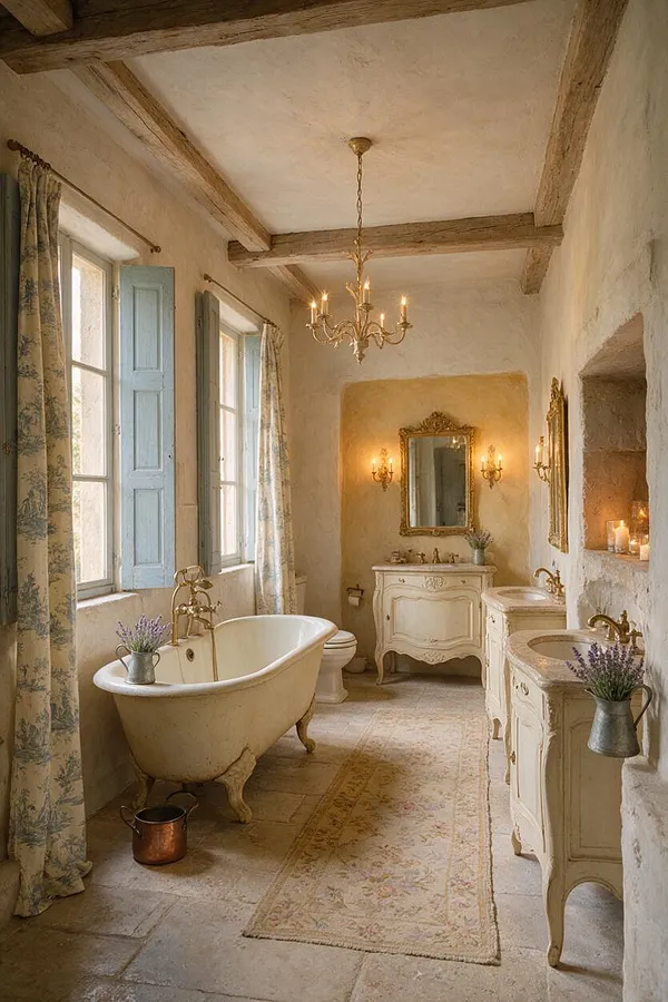A French Country master bathroom with exposed wood ceiling beams, tall windows with pale blue shutters, a clawfoot bathtub, ornate cream vanities, and a gilded mirror centered on a warm plaster wall. Soft floral curtains, brass fixtures, a chandelier, and a vintage runner create a cozy, elegant atmosphere.
