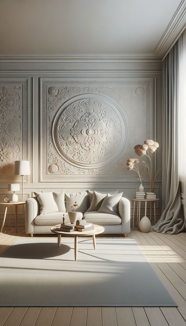 A cozy living room with walls covered in embossed Anaglypta wallpaper, which has been painted in a soft, complementary color. The room is tastefully decorated, showcasing the texture and depth added by the Anaglypta.