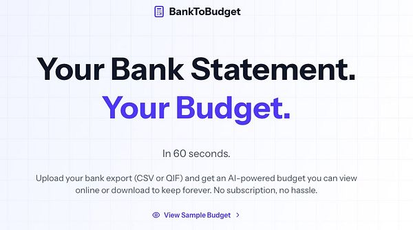 The image features a promotional webpage for a budgeting tool called BankToBudget.