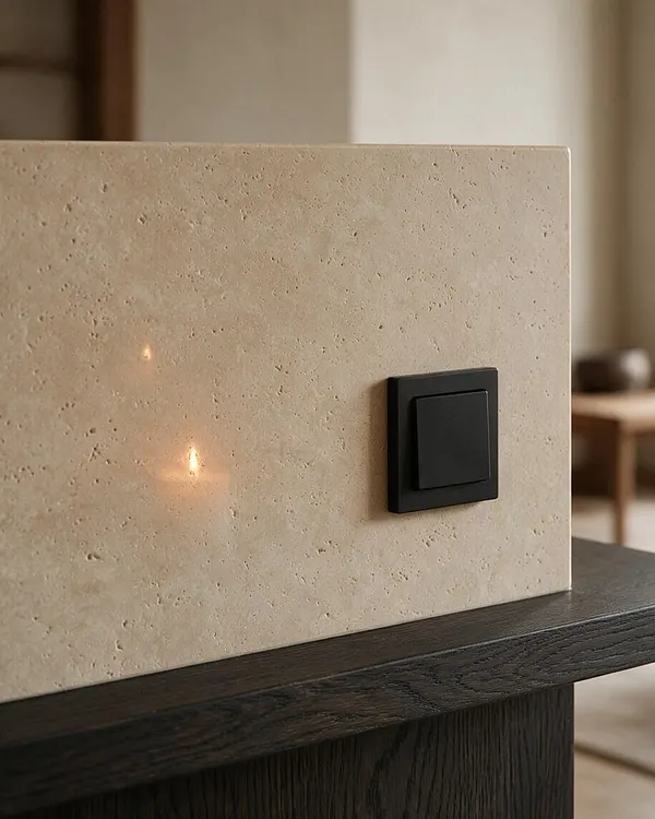 A close-up of a beige travertine or stone panel with subtle pores and warm reflections, mounted above a dark wood surface. A matte black square switch is set into the panel, with a softly blurred Japandi-style interior in the background.