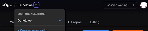 UI of an organization selector with a clickable button for the main page and a dropdown caret for additional options.