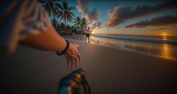 A serene beach scene at sunset featuring a person reaching out towards another individual in the distance.