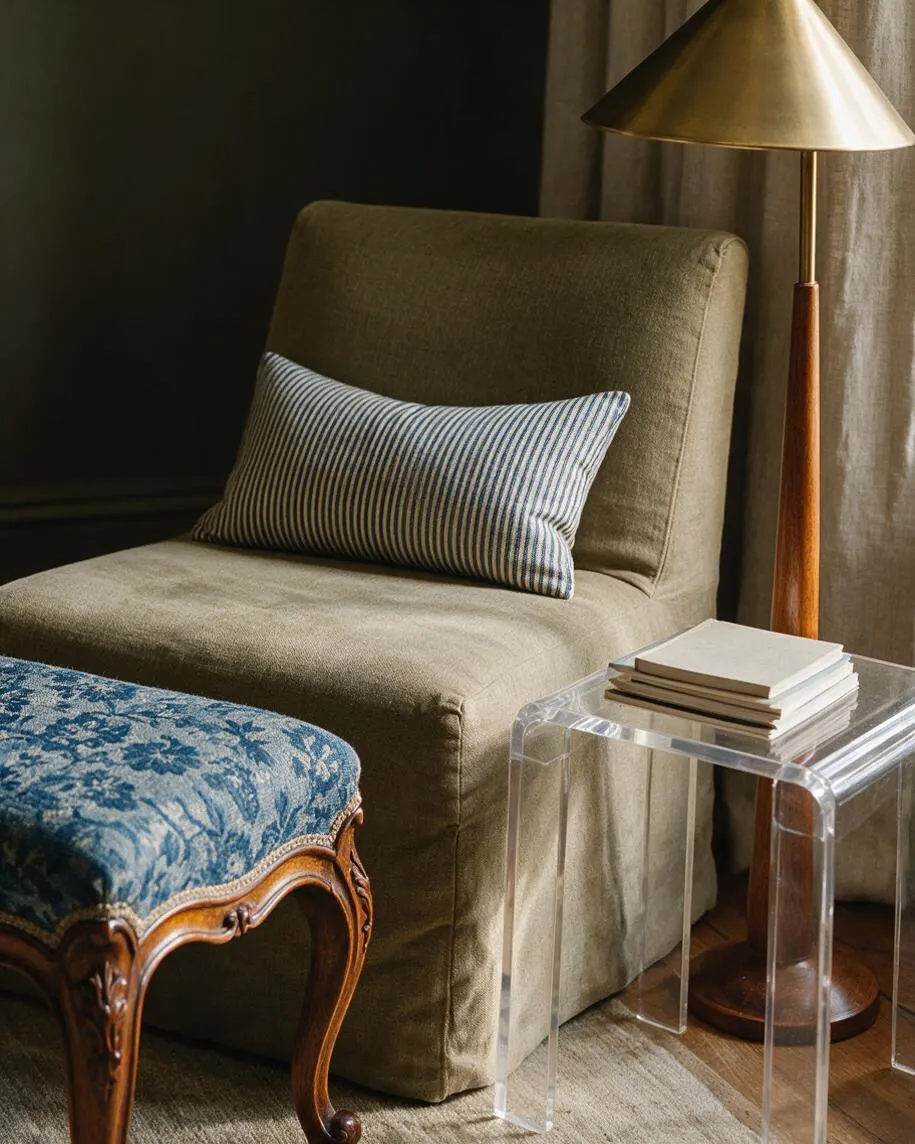 A cozy eclectic seating vignette with an olive green upholstered chair, a striped lumbar pillow, a carved wooden stool with blue patterned upholstery, a clear acrylic side table stacked with books, and a brass floor lamp. Neutral drapery and a dark wall create a moody backdrop.