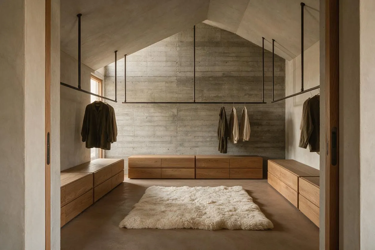 A minimalist walk-in closet with exposed concrete walls and ceiling, suspended black metal clothing rails, and low built-in wooden drawers along both sides and the back wall. A soft white shag rug sits centered on the floor, contrasting with the room’s raw, sculptural Brutalist surfaces.