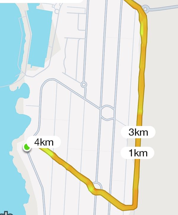 A running route map showing a completed 4km run.